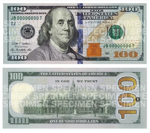 100 dollar bill back and front. The new One Hundred Dollar